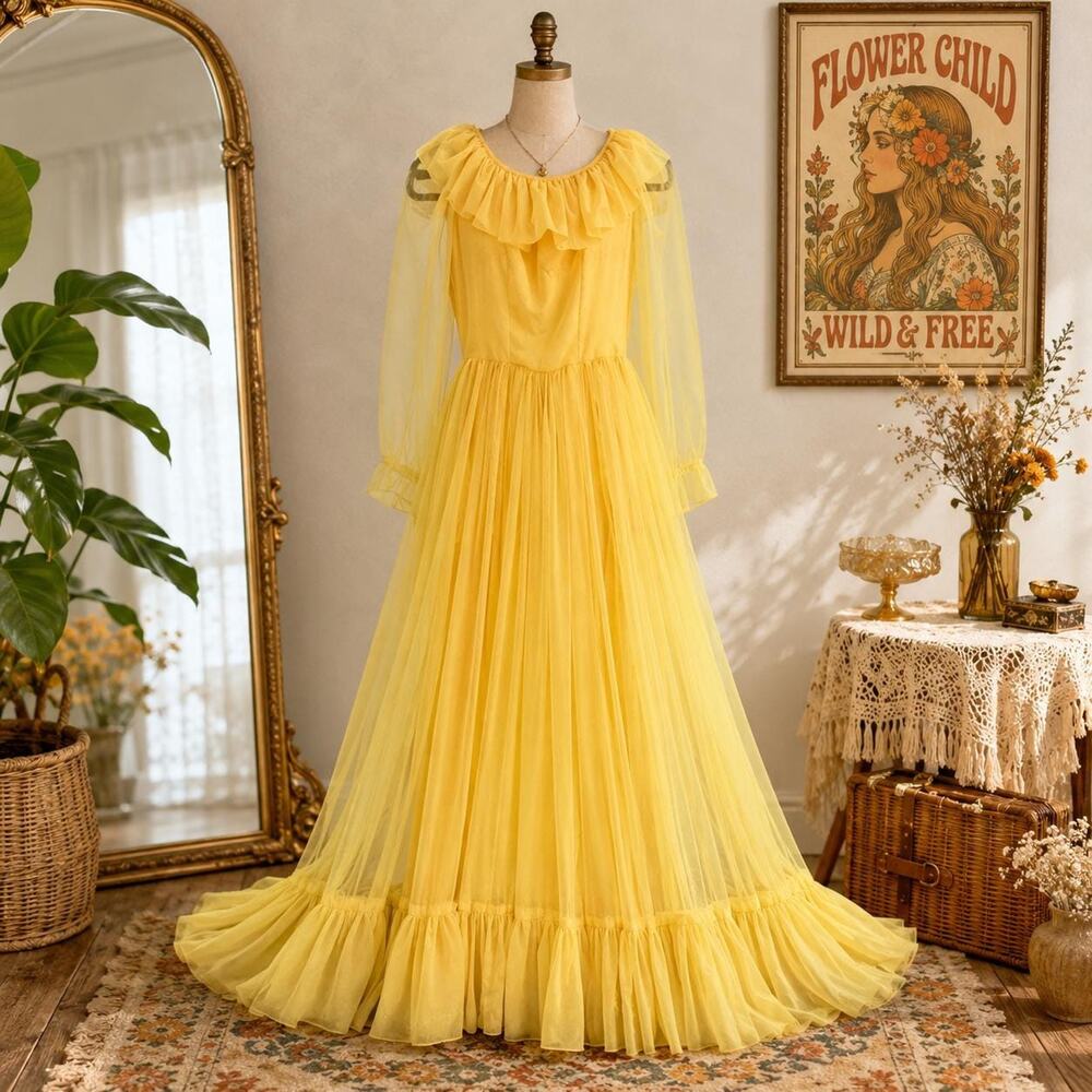 Vintage 1970 Butter Yellow Chiffon Ruffle Gown Full Sweep Overlay Bishop Sleeve